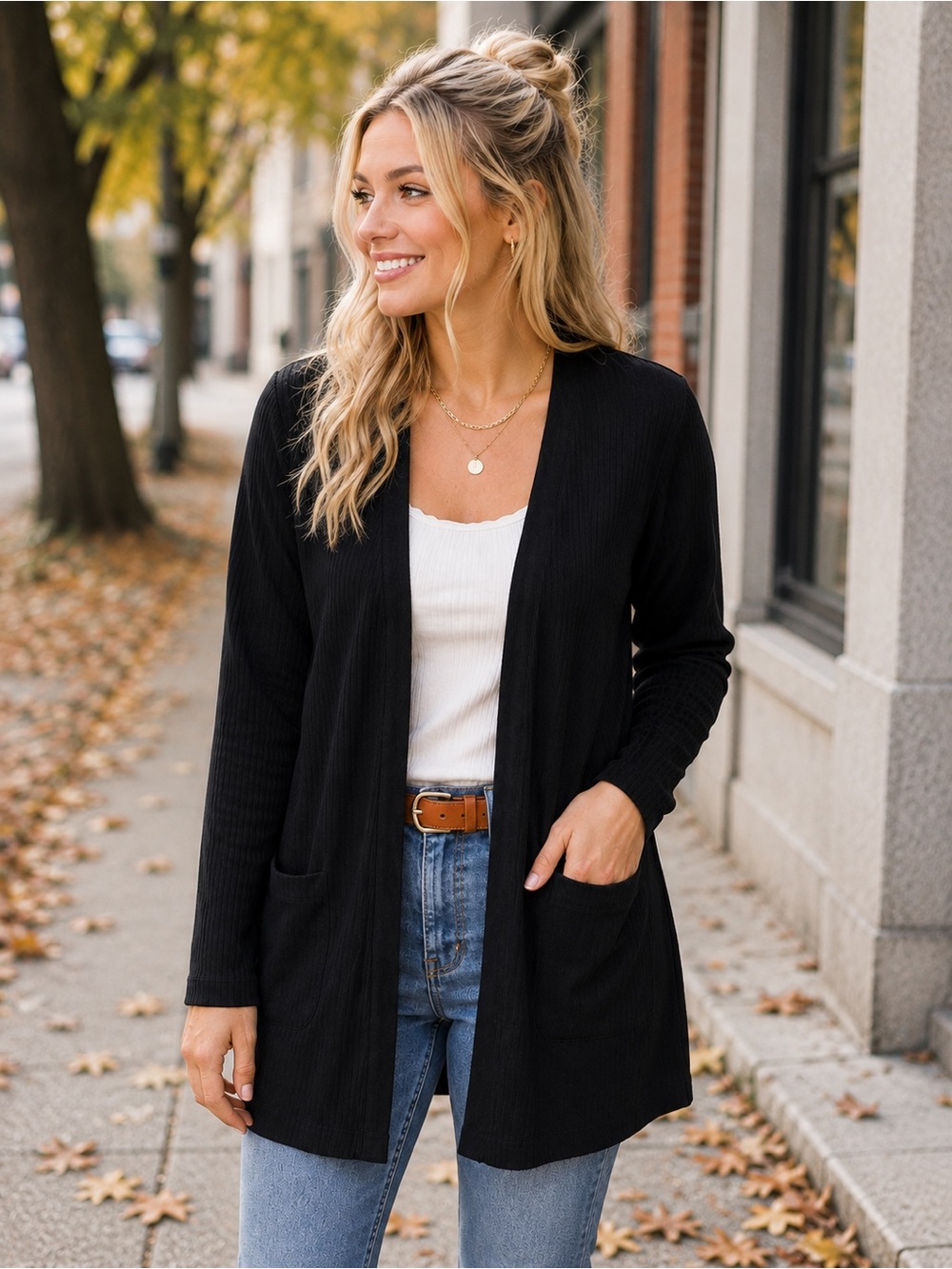 Cape Juby Black Ribbed Duster Cardigan Small Open Front Pockets